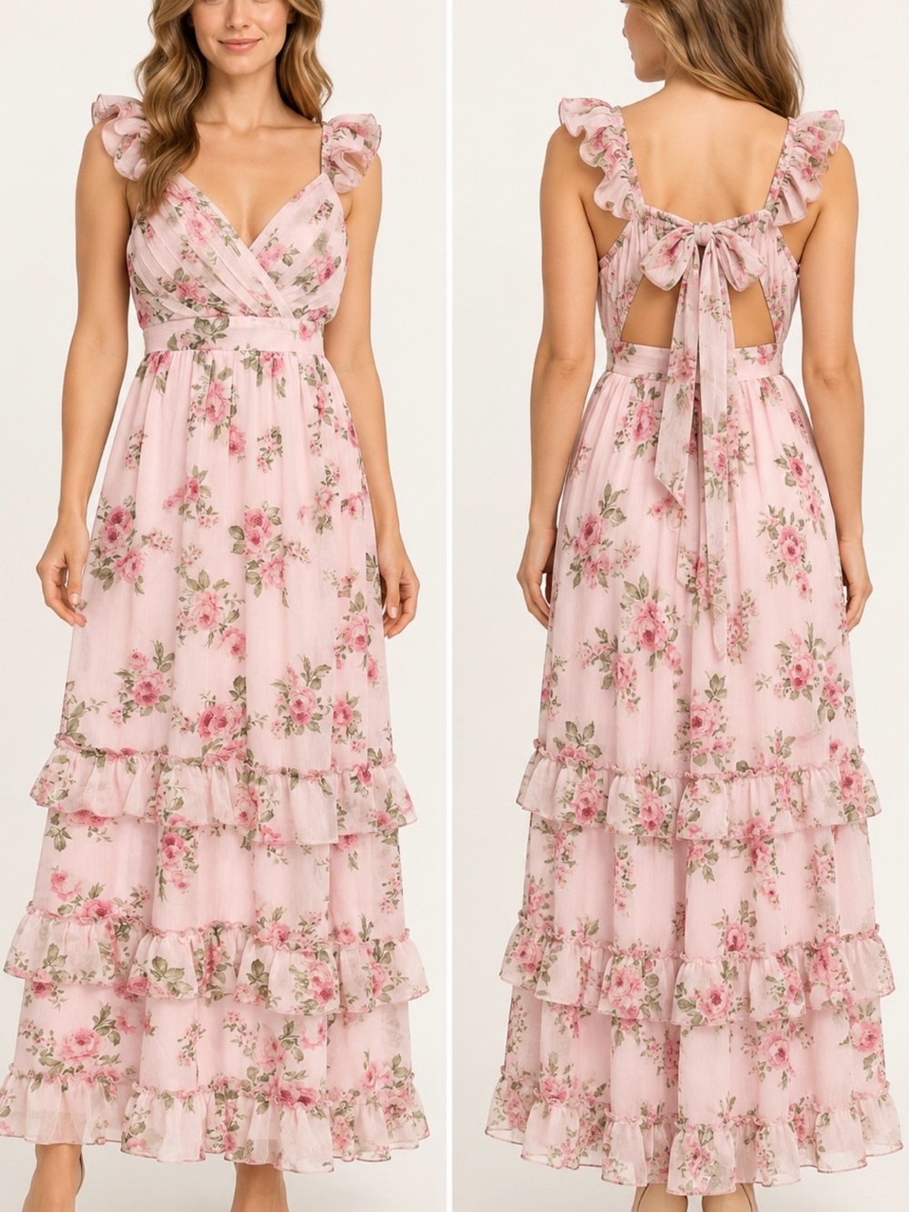 Romantic Pink Floral Tie-Back Maxi Dress by Allison&Kelly Medium Tiered ($80 new